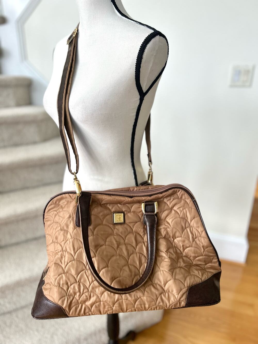 Vintage Diane Von Furstenberg Brown Quilted Top Handle Crossbody Duffle Bag